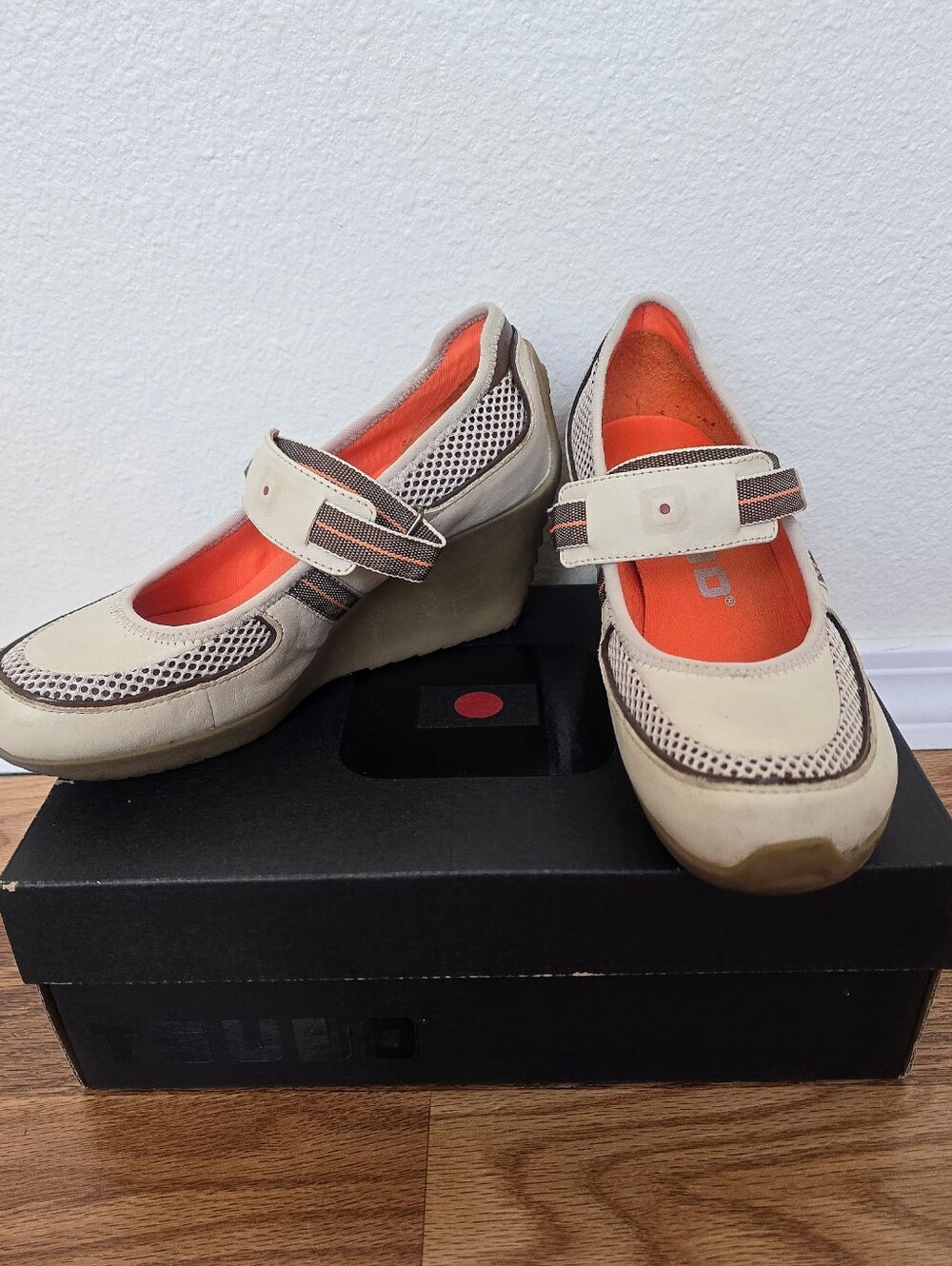 Tsubo Beige Mary Jane Wedge Shoes with Orange Insole